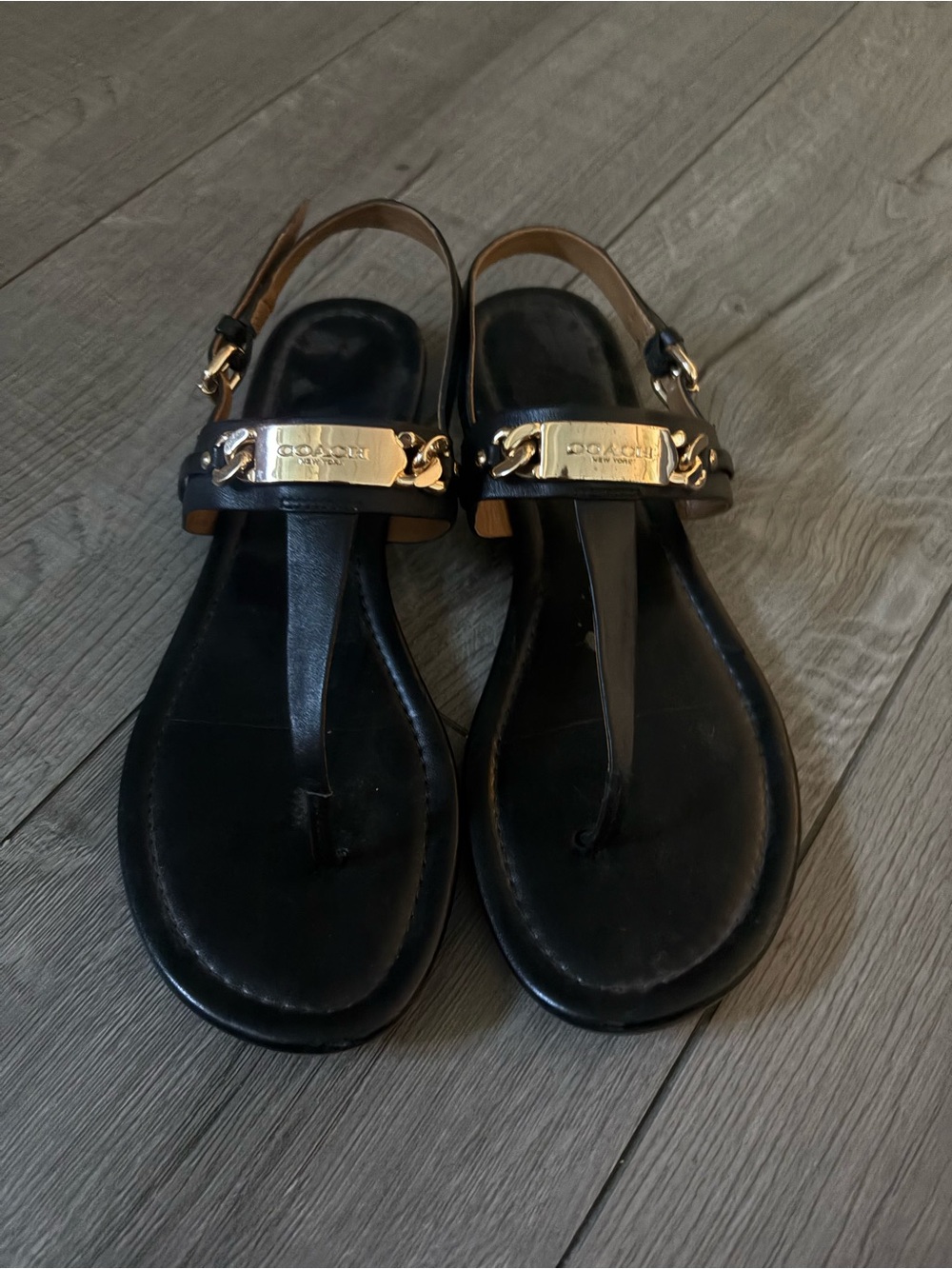Coach Black Leather T-Strap Sandals with Gold Plaques